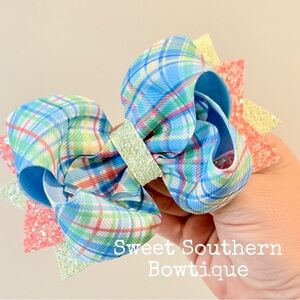 Blue Coral Green Plaid Boutique Hair Bow With Glitter tails